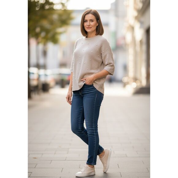 Zara Trafaluc Oatmeal Beige Pearl Beaded Oversized Sweater Size S - Picture 7 of 11